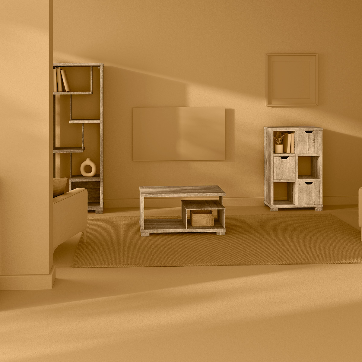 Table basse 2 niveaux, effet bois naturel Bivoak