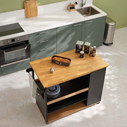 Ilot de cuisine à roulettes bois, noir 