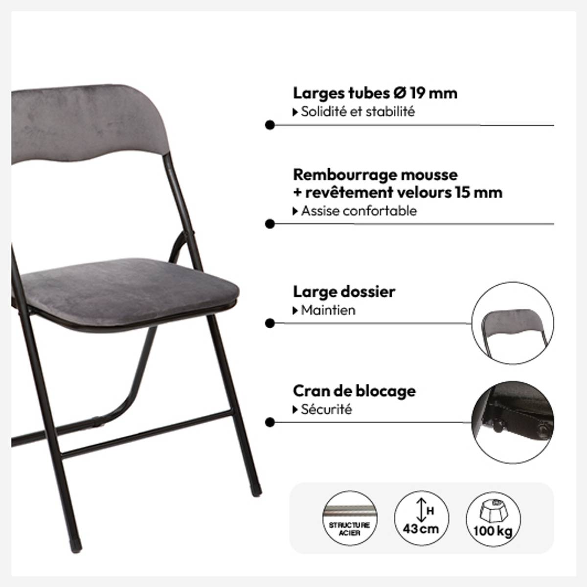 Chaise pliante en velours, gris