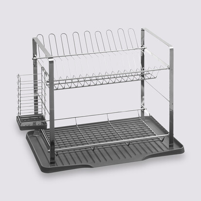 Égouttoir métal 2 niveaux avec plateau, gris 
