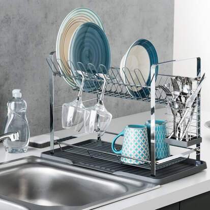 Égouttoir métal 2 niveaux avec plateau, gris 