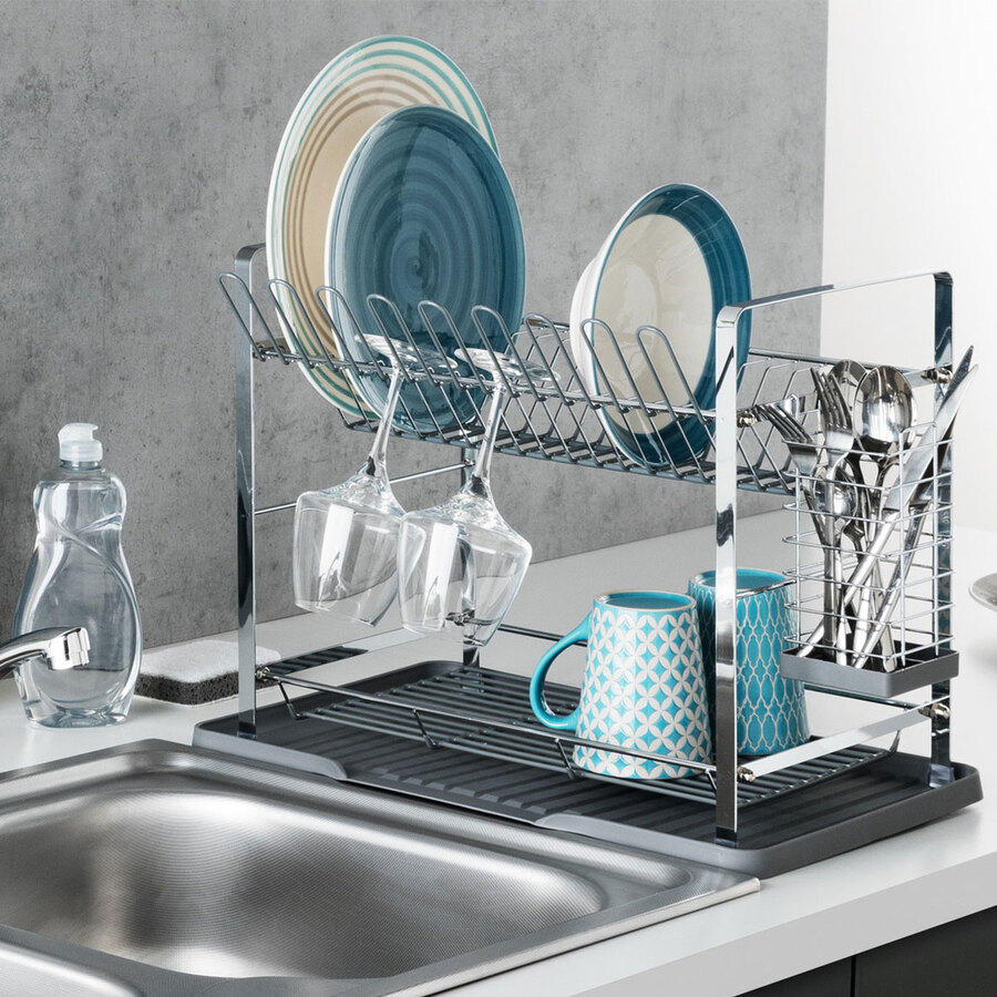 Égouttoir métal 2 niveaux avec plateau, gris