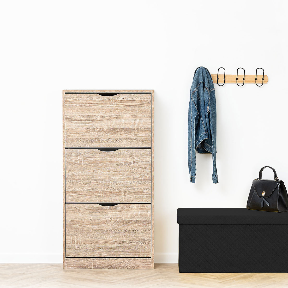 Meuble range-chaussures 3 tiroirs, effet chêne naturel Drawy