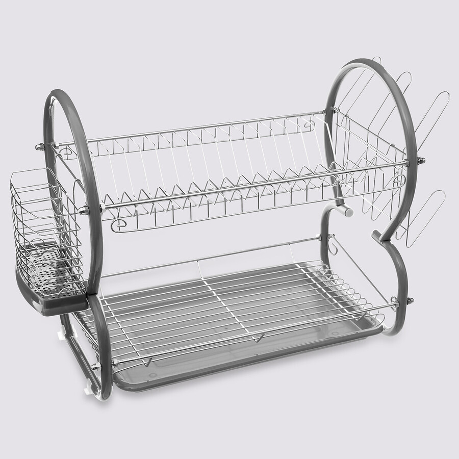 Égouttoir métal 2 niveaux avec plateau, gris