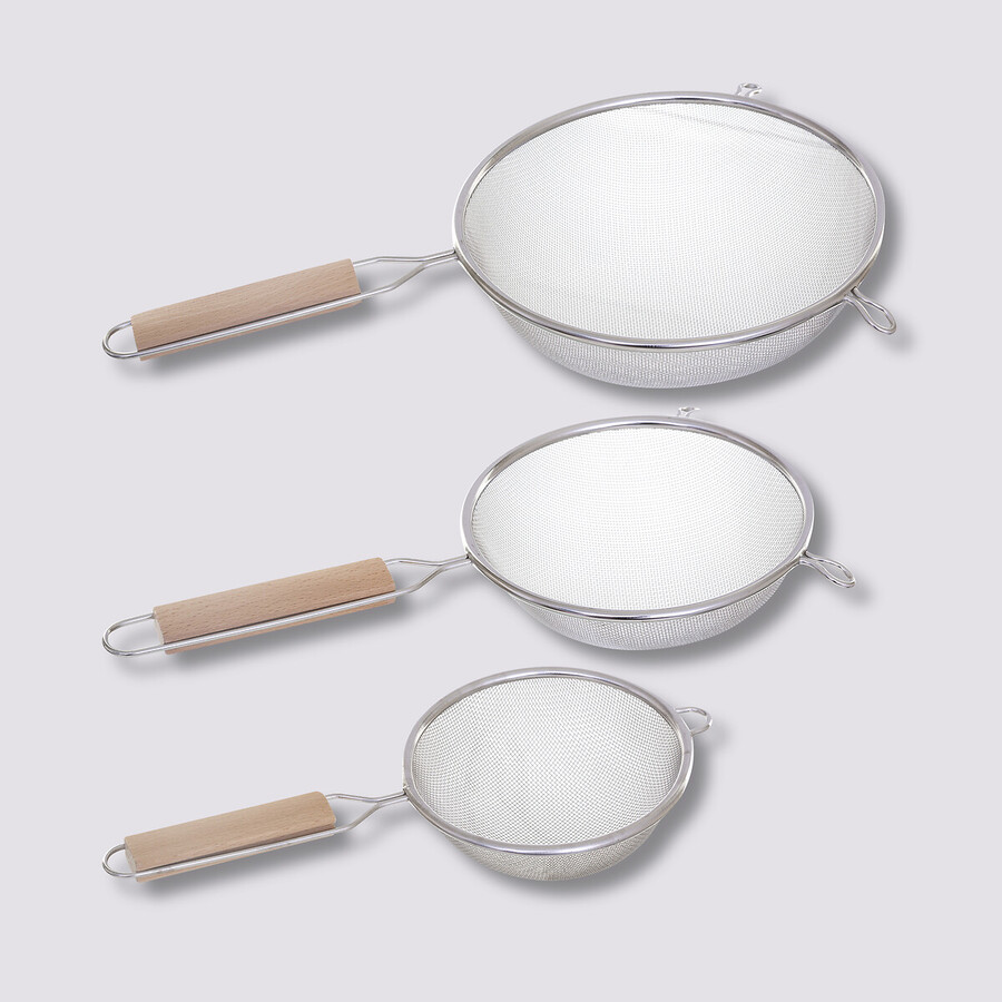 3 passoires inox, manche bois