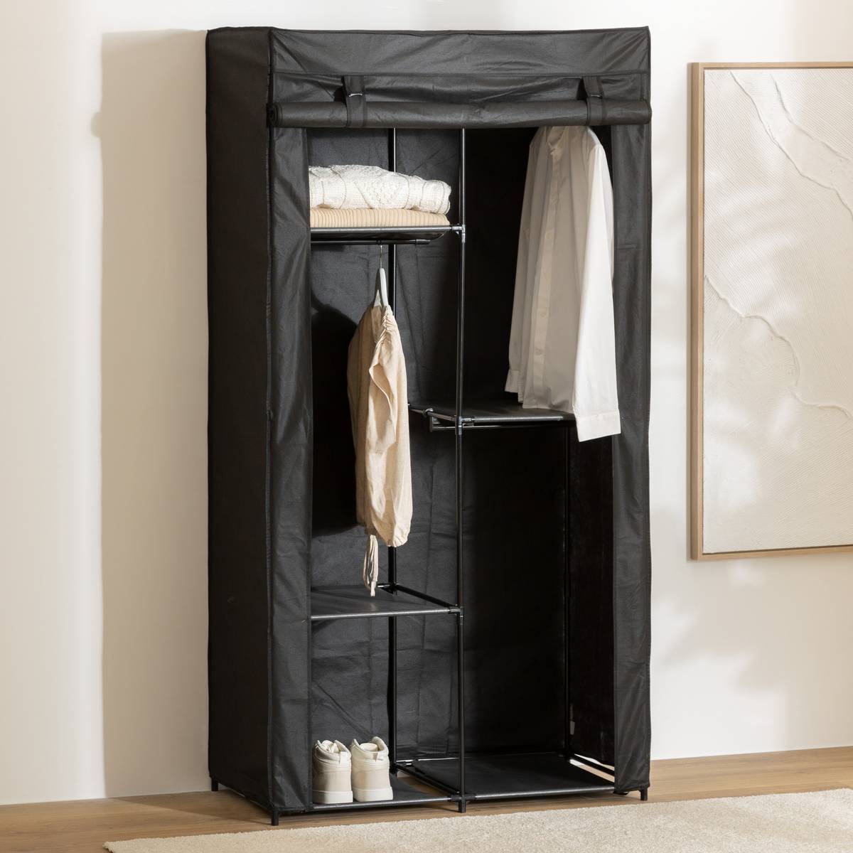 Armoire penderie modulable, tissu noir 