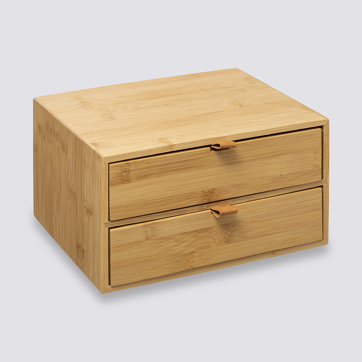 Boîte 2 tiroirs, lanières cuir Bambou