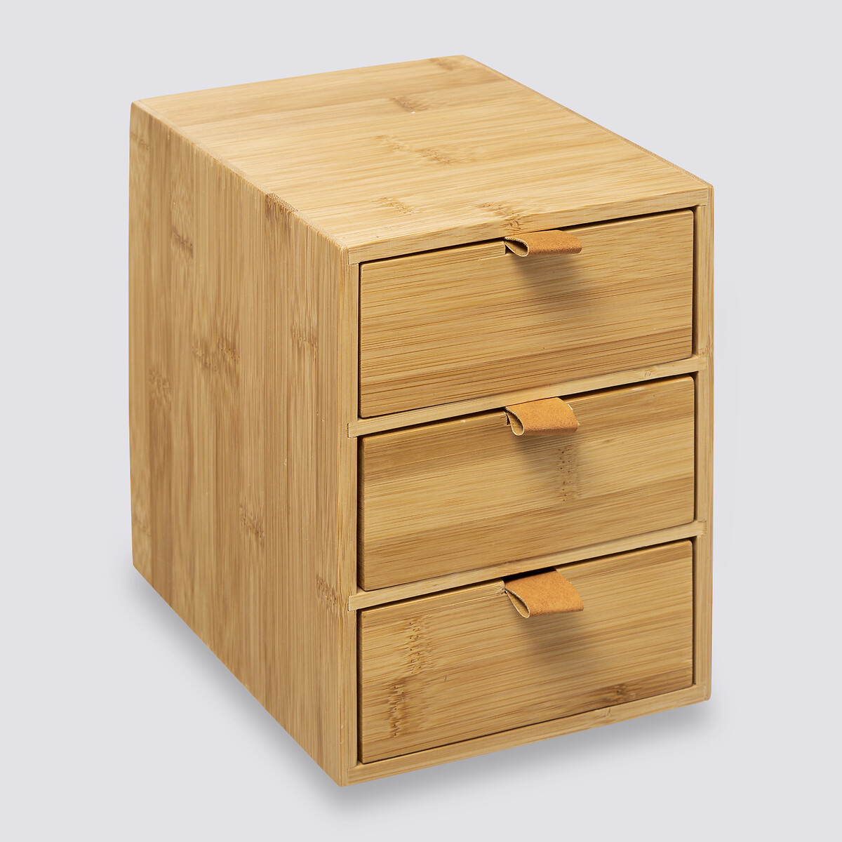 Boîte 3 tiroirs, lanières cuir Bambou