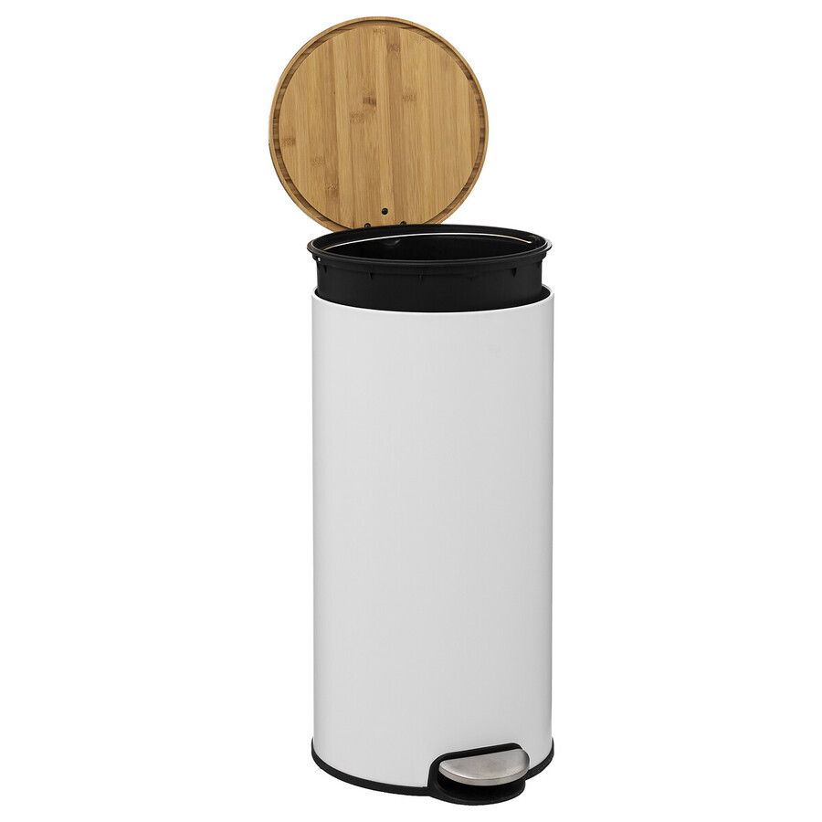Poubelle ronde avec couvercle bambou 30l, blanc Modern color