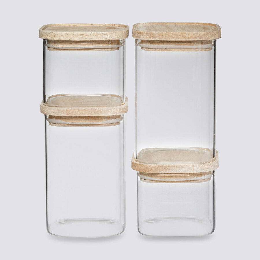 4 bocaux verre empilables couvercle bois Hermet