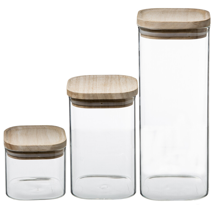3 bocaux verre empilables couvercle bois Hermet