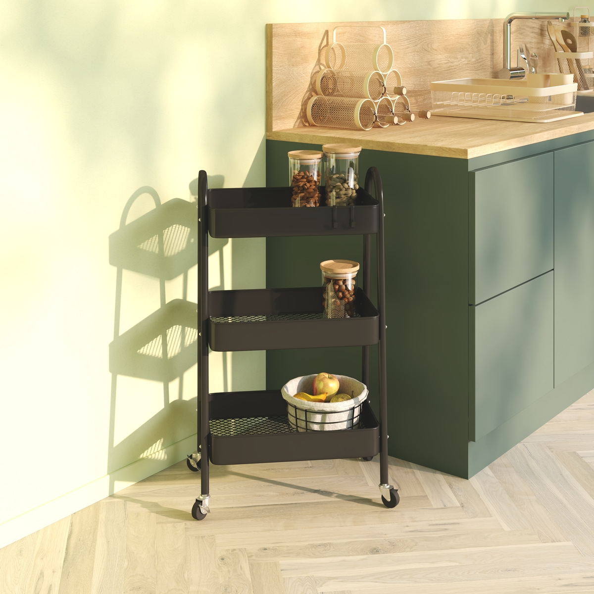 Desserte à roulette 3 niveaux, métal noir