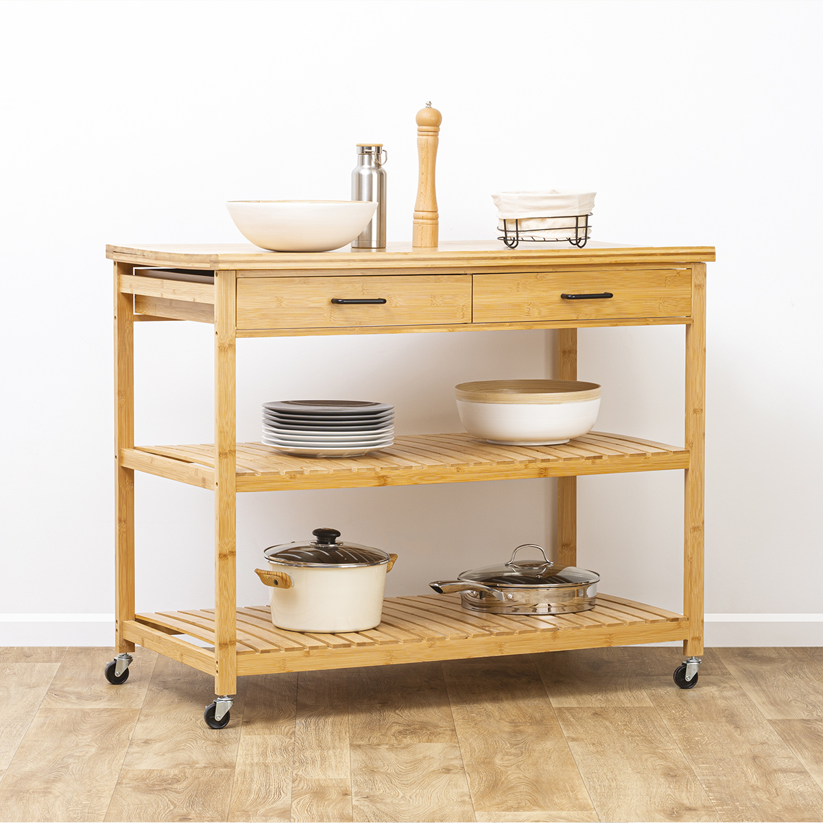 Ilot 2 tiroirs/2 niveaux, bambou Linha