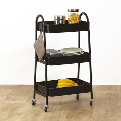 Desserte à roulette 3 niveaux, métal noir 