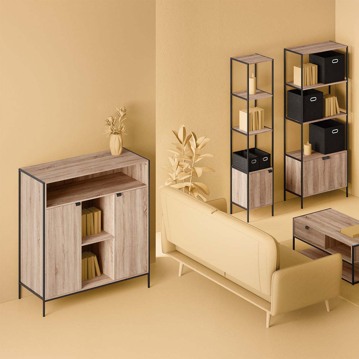 Buffet 2 portes, effet chêne naturel Aliaj