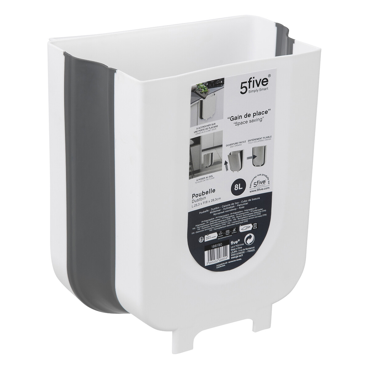 Poubelle rétractable de porte 8l, noir & blanc