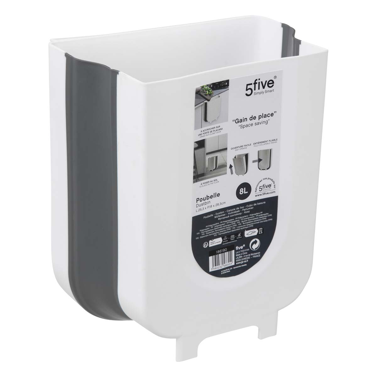 Poubelle rétractable de porte 8l, noir & blanc