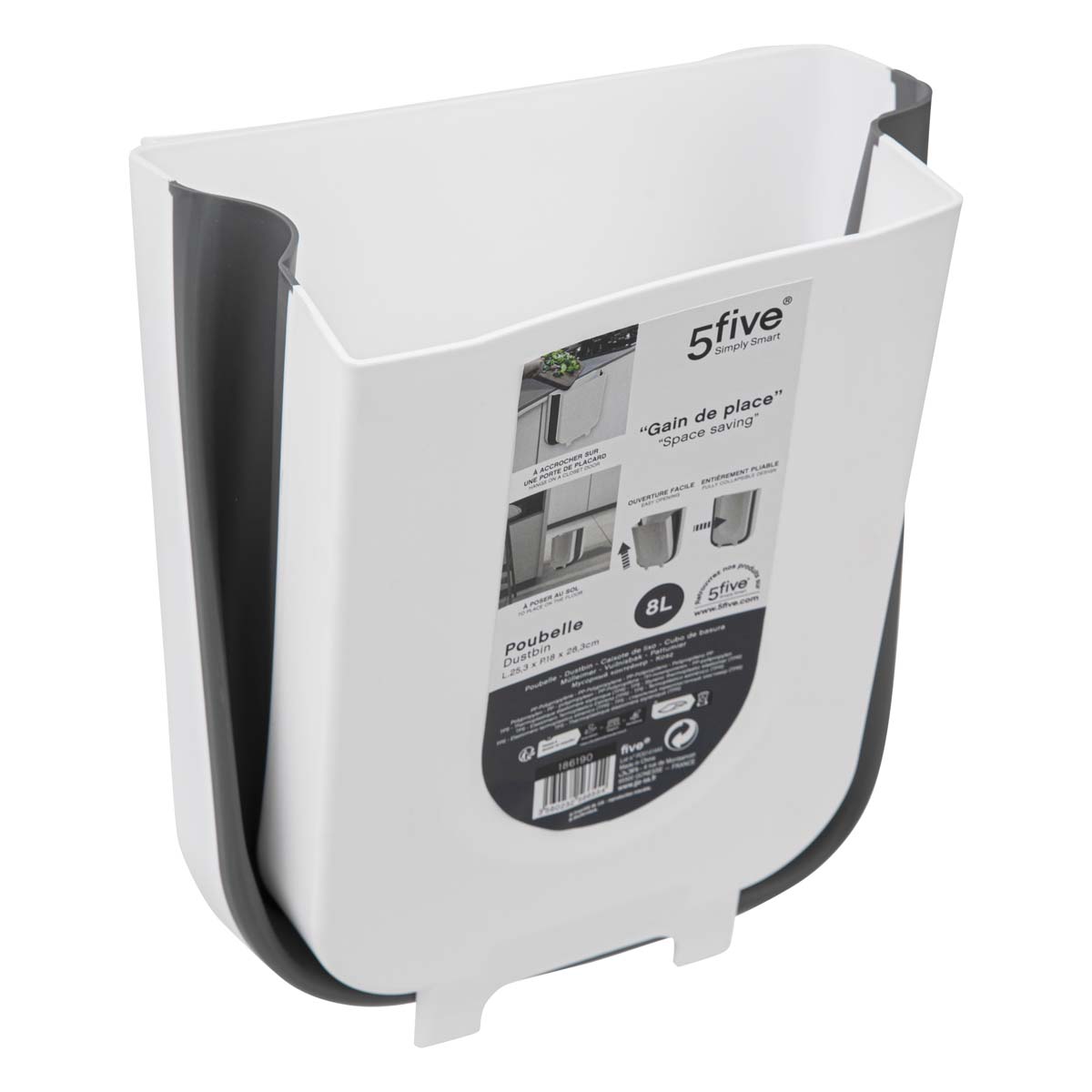 Poubelle rétractable de porte 8l, noir & blanc