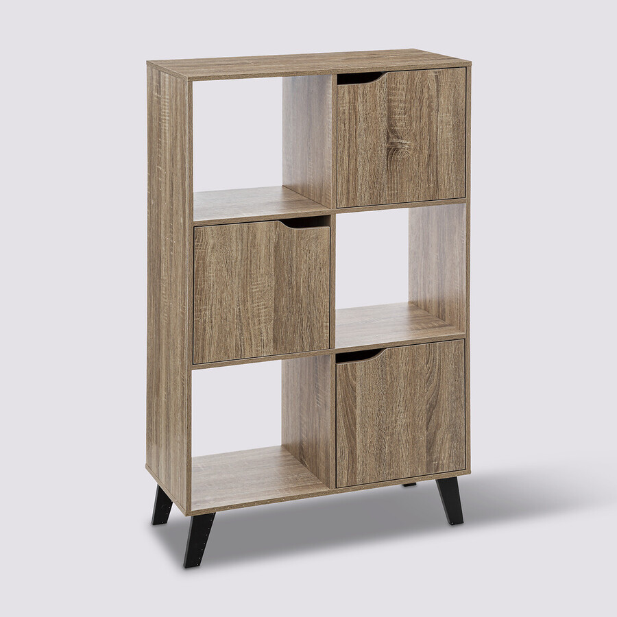 Étagère 6 cases porte, effet bois naturel Ceda