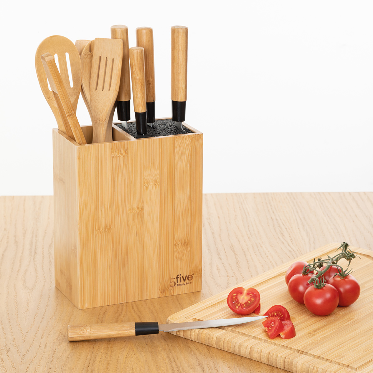 Bloc 5 couteaux & 5 ustensiles, manche bambou 