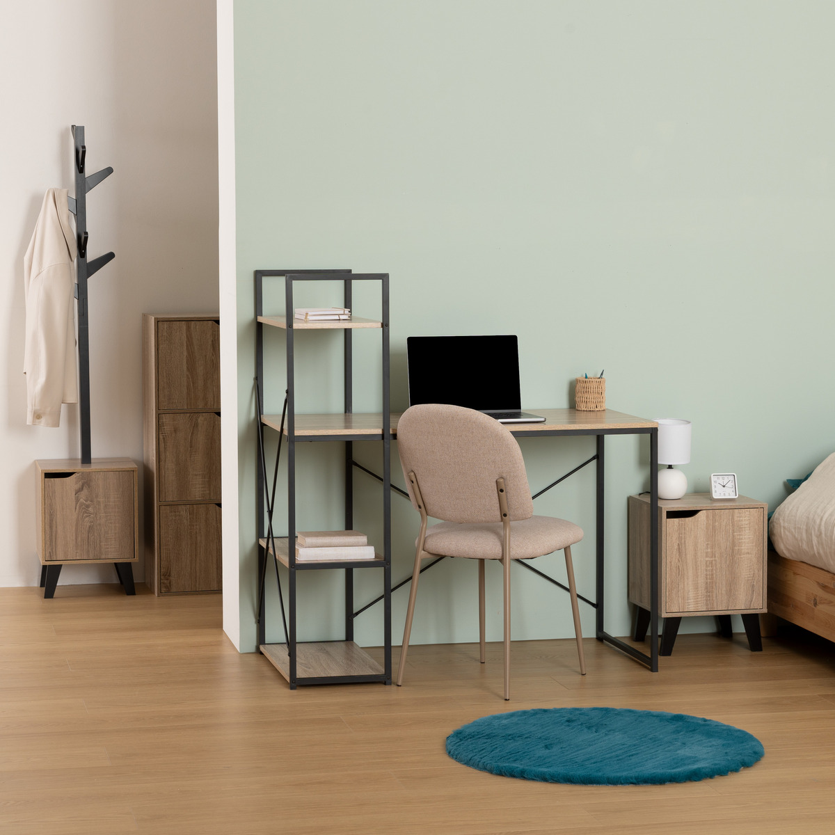 Bureau avec étagères, effet chêne naturel Aliaj