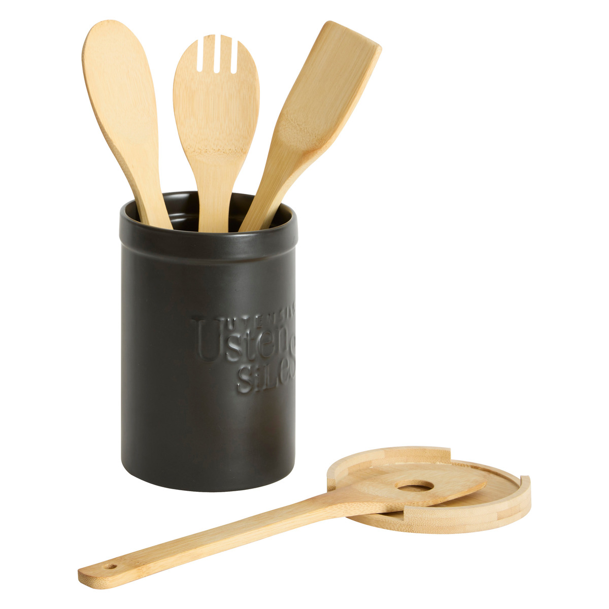 Pot à ustensiles couvercle bambou, céramique noir Naturéo