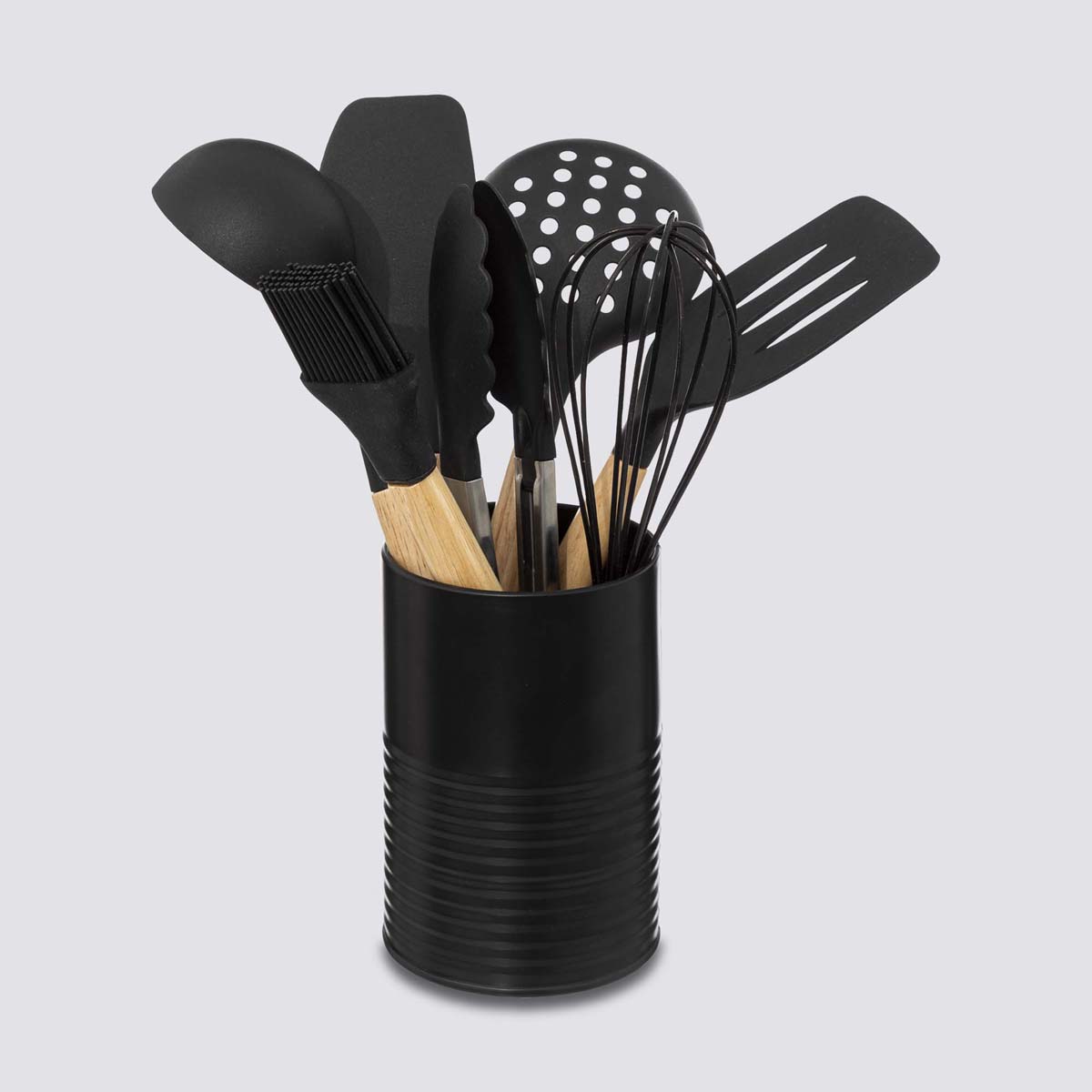 Pot métal à ustensiles avec 7 accessoires, noir 