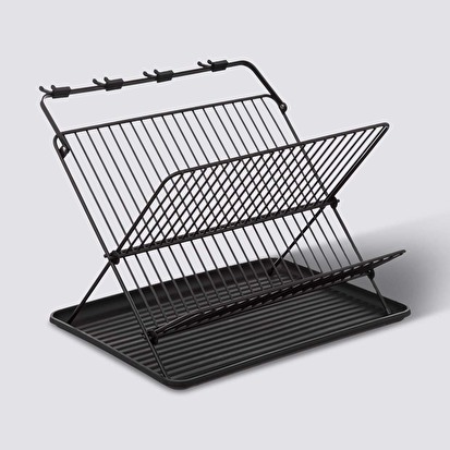 Égouttoir pliant 2 niveaux avec plateau, noir 