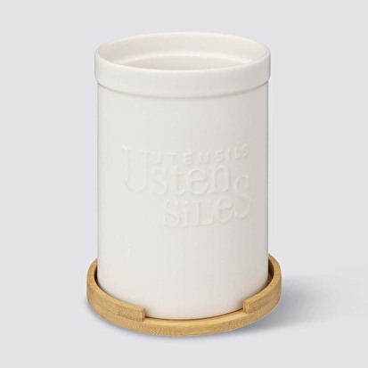 Pot à ustensiles couvercle bambou, céramique blanc Naturéo