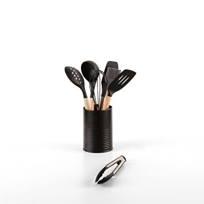 Pot métal à ustensiles avec 7 accessoires, noir 