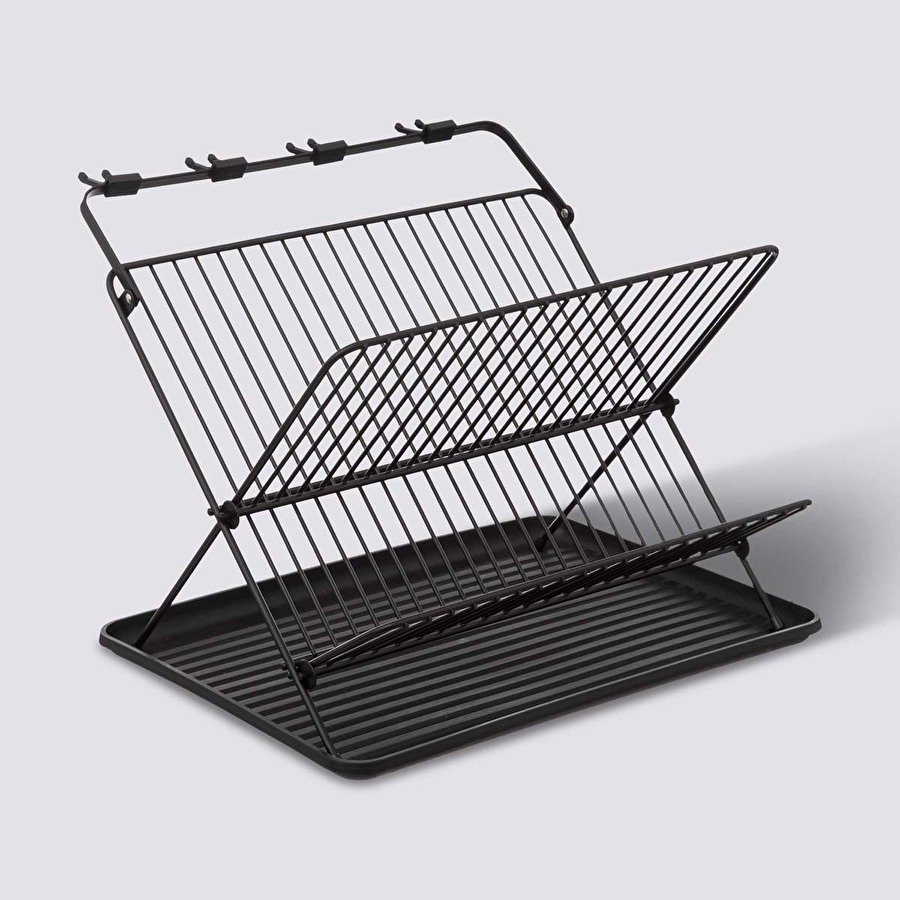 Égouttoir pliant 2 niveaux avec plateau, noir 