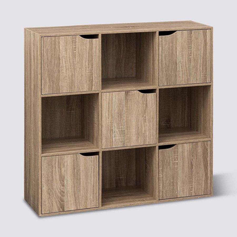 Étagère 9 cases avec 5 portes, effet chêne naturel Mix'n door