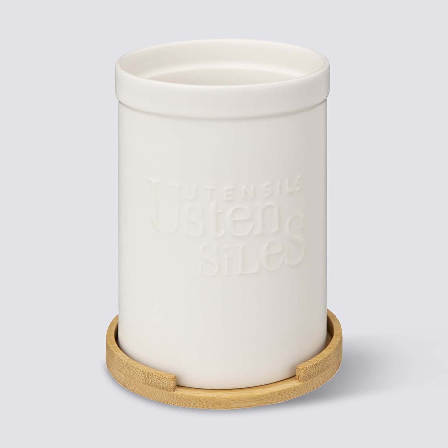 Pot à ustensiles couvercle bambou, céramique blanc Naturéo