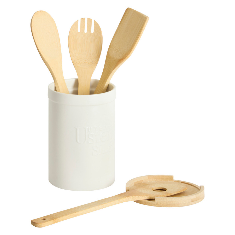 Pot à ustensiles couvercle bambou, céramique blanc Naturéo