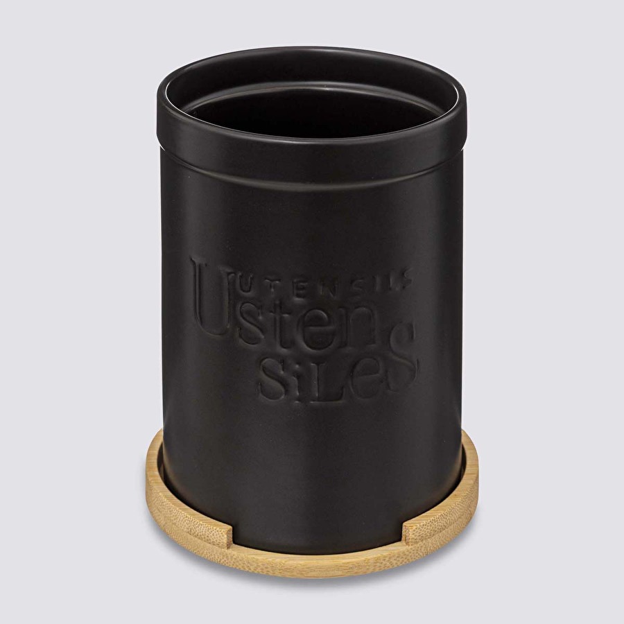 Pot à ustensiles couvercle bambou, céramique noir Naturéo