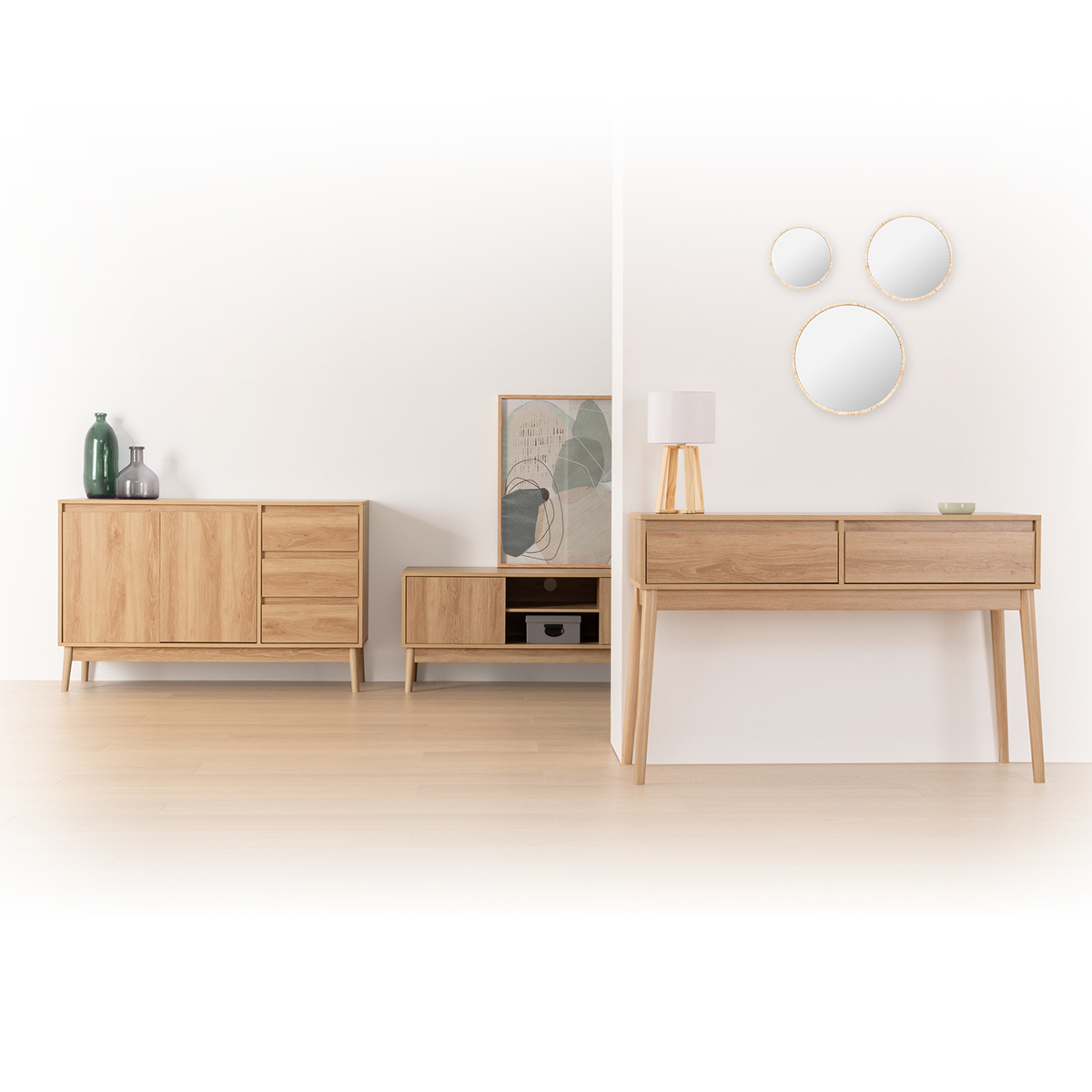 Buffet placard 3 tiroirs, effet chêne naturel Abana