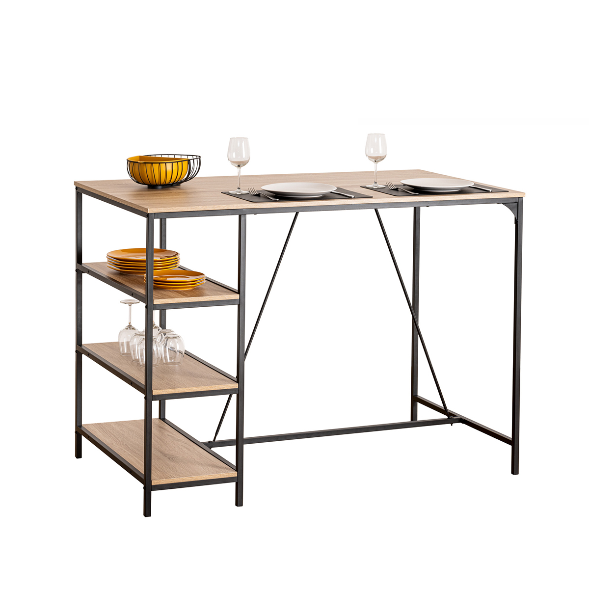 Table bar 3 étagères, effet chêne naturel Aliaj