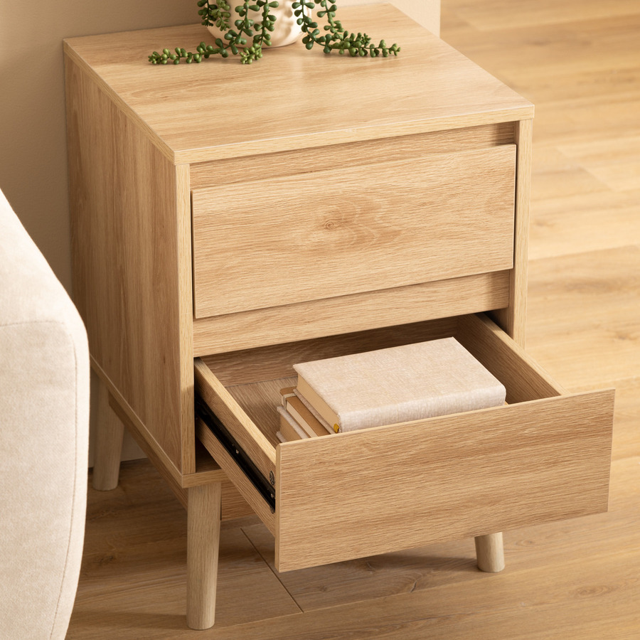 Table de chevet 2 tiroirs, effet chêne naturel Abana