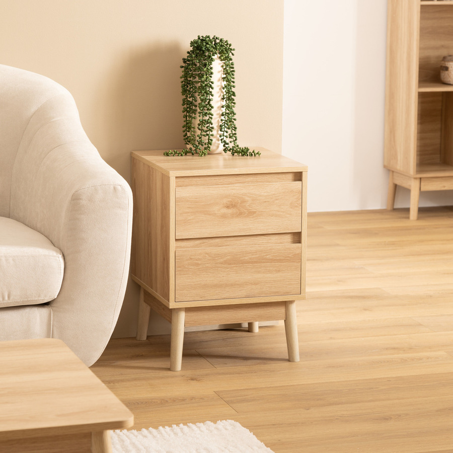 Table de chevet 2 tiroirs, effet chêne naturel Abana