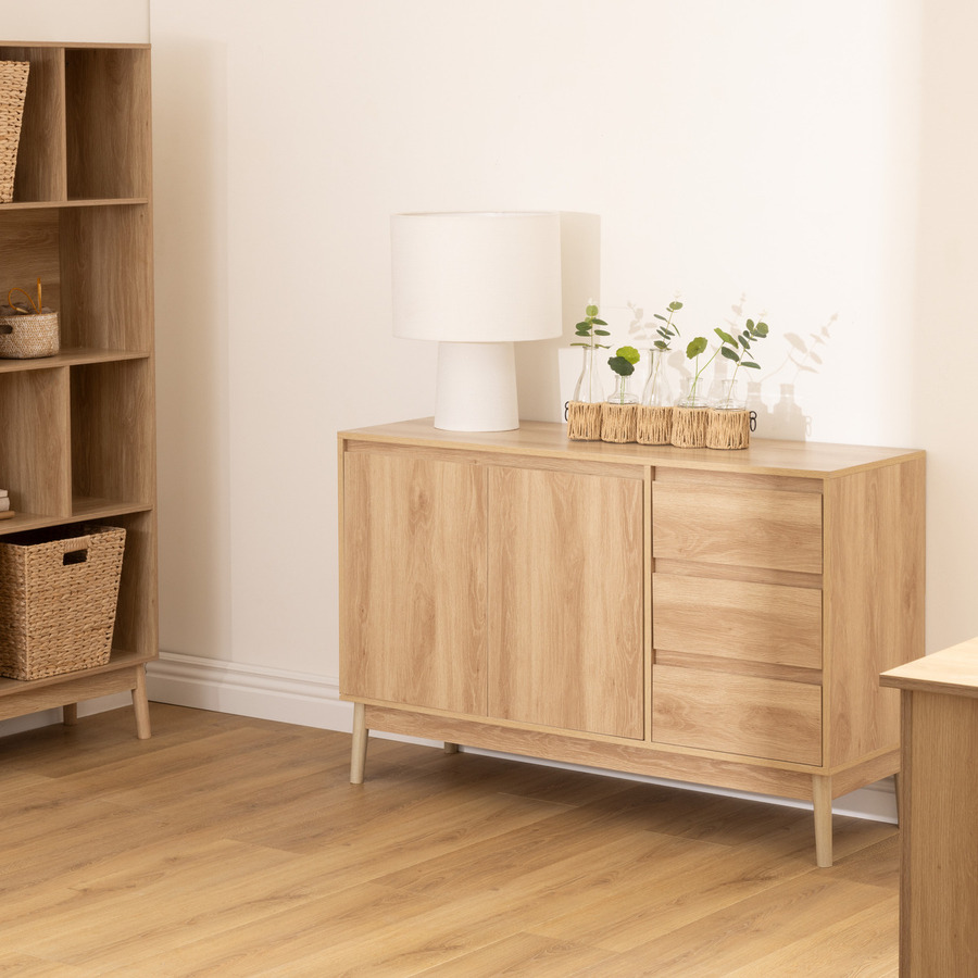 Buffet placard 3 tiroirs, effet chêne naturel Abana