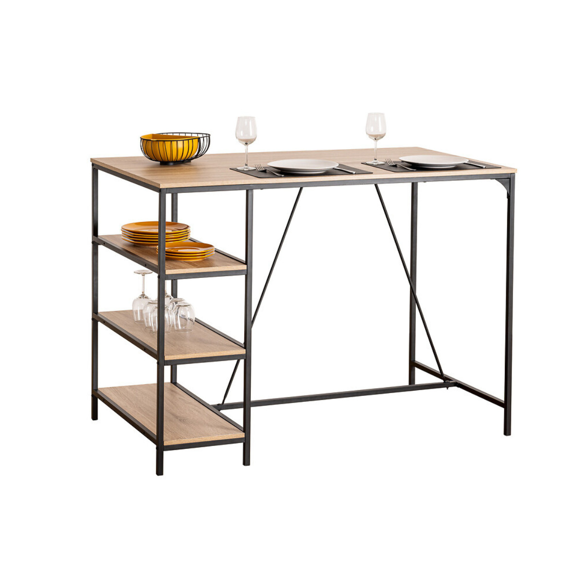 Table de bar et 4 tabourets, effet chêne naturel Aliaj