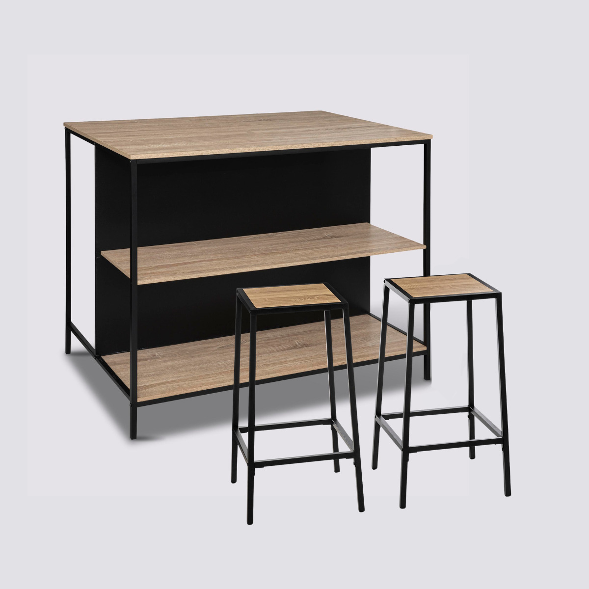 Ilot de bar et 2 tabourets, effet chêne naturel Aliaj