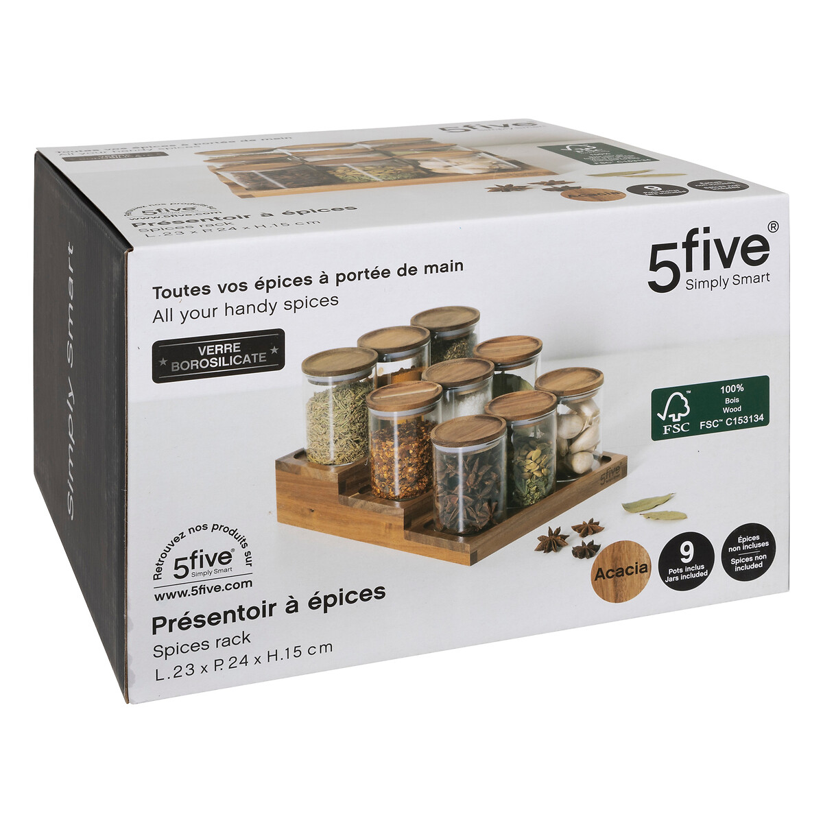 Présentoir à épices avec lot de 9 bocaux, acacia Harmony