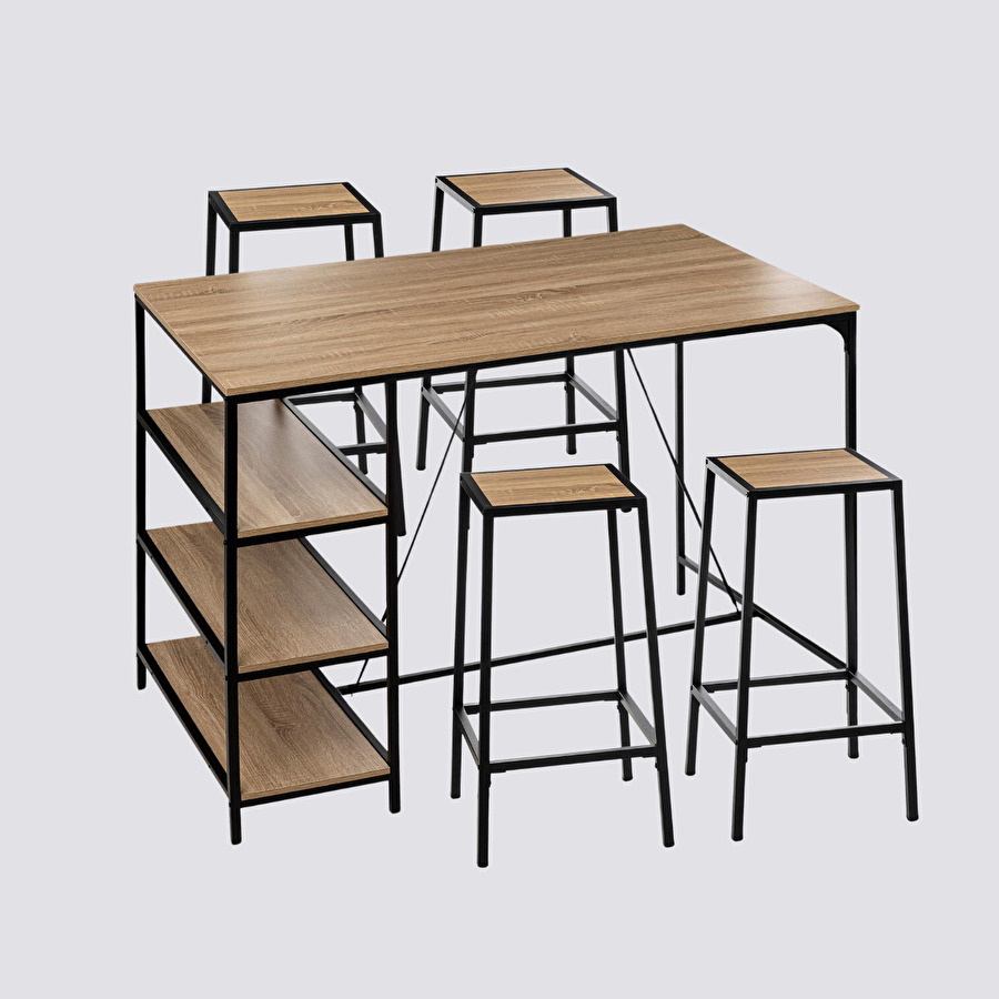 Table de bar et 4 tabourets, effet chêne naturel Aliaj