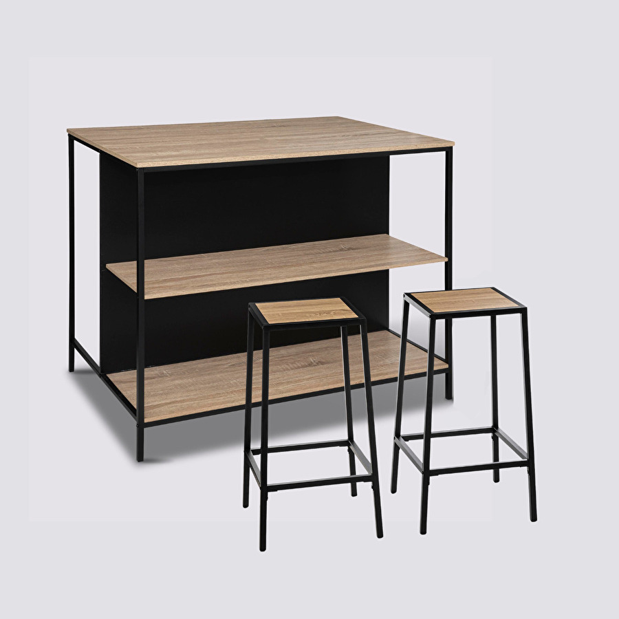 Ilot de bar et 2 tabourets, effet chêne naturel Aliaj