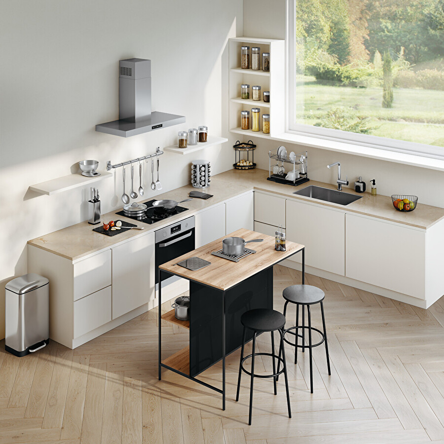 Ilot de bar et 2 tabourets, effet chêne naturel Aliaj