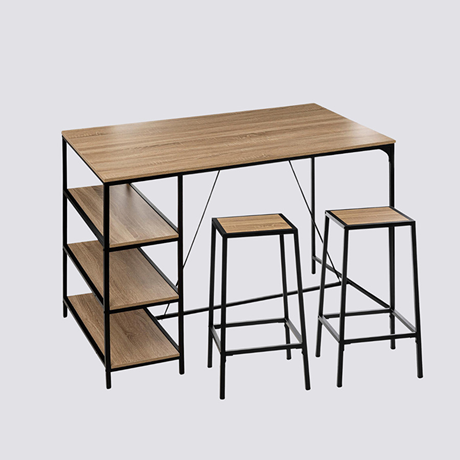 Table de bar et 2 tabourets, effet chêne naturel Aliaj