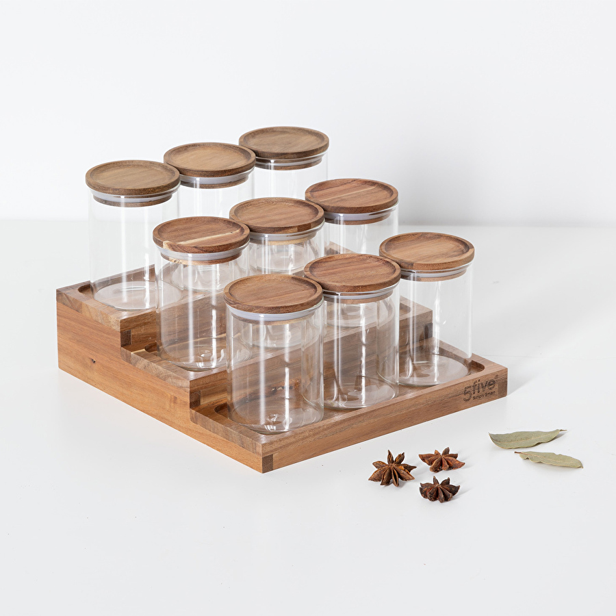 Présentoir à épices avec lot de 9 bocaux, acacia Harmony