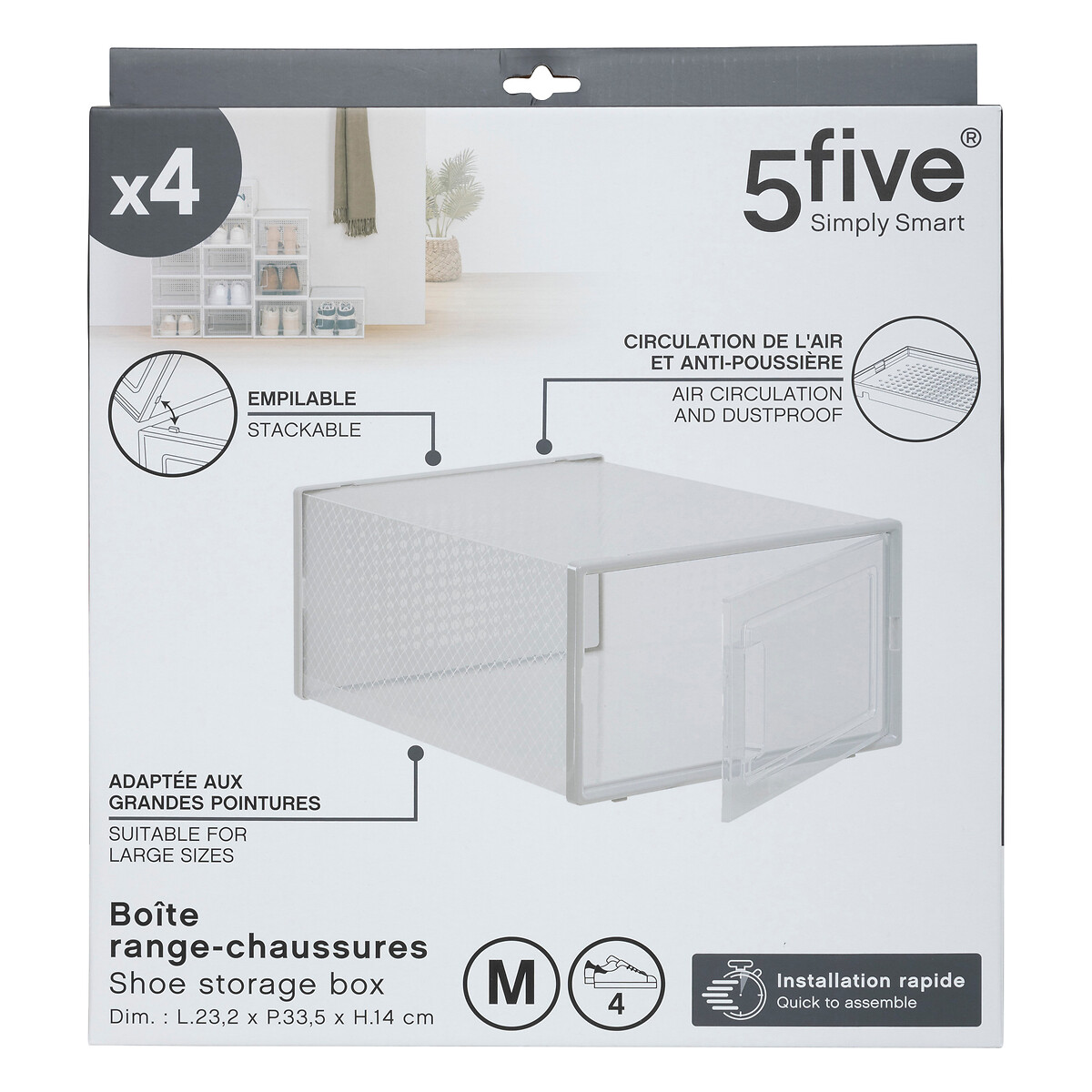 Lot de 4 boîtes range-chaussures plastique, m Fold'n box