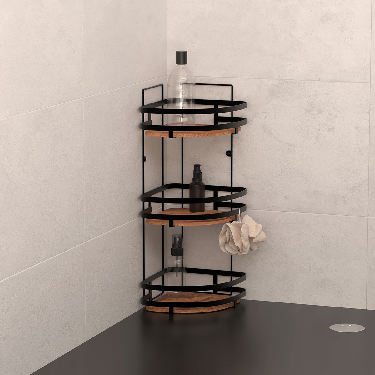 Étagère de douche d'angle 3 niveaux, acacia Blackacia